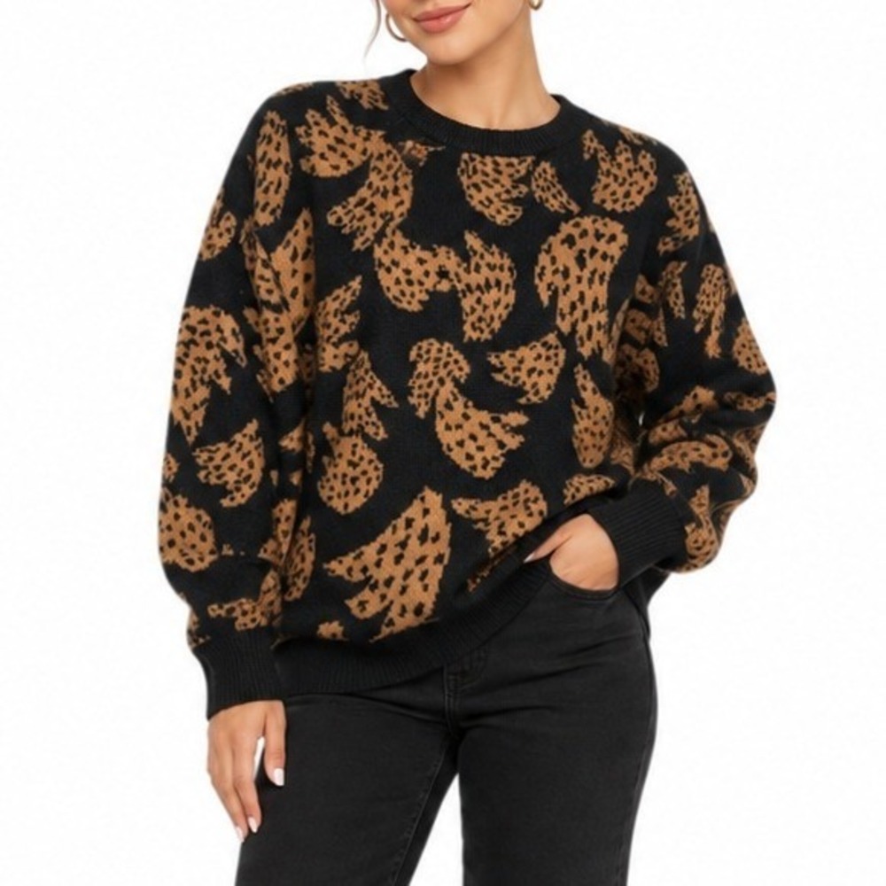 Farm Rio Sweater Women XS Black Brown Leopard Graphic Knit Pullover 304514